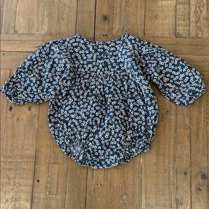 Rylee + Cru Gwen bubble romper 3-6 months blue Navy and Cream Floral